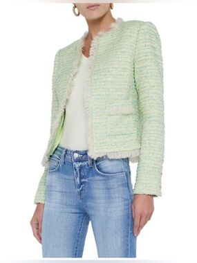 L'AGENCE Angelina Fray Tweed Jacket Open Front Blazer in Light Green Size 8